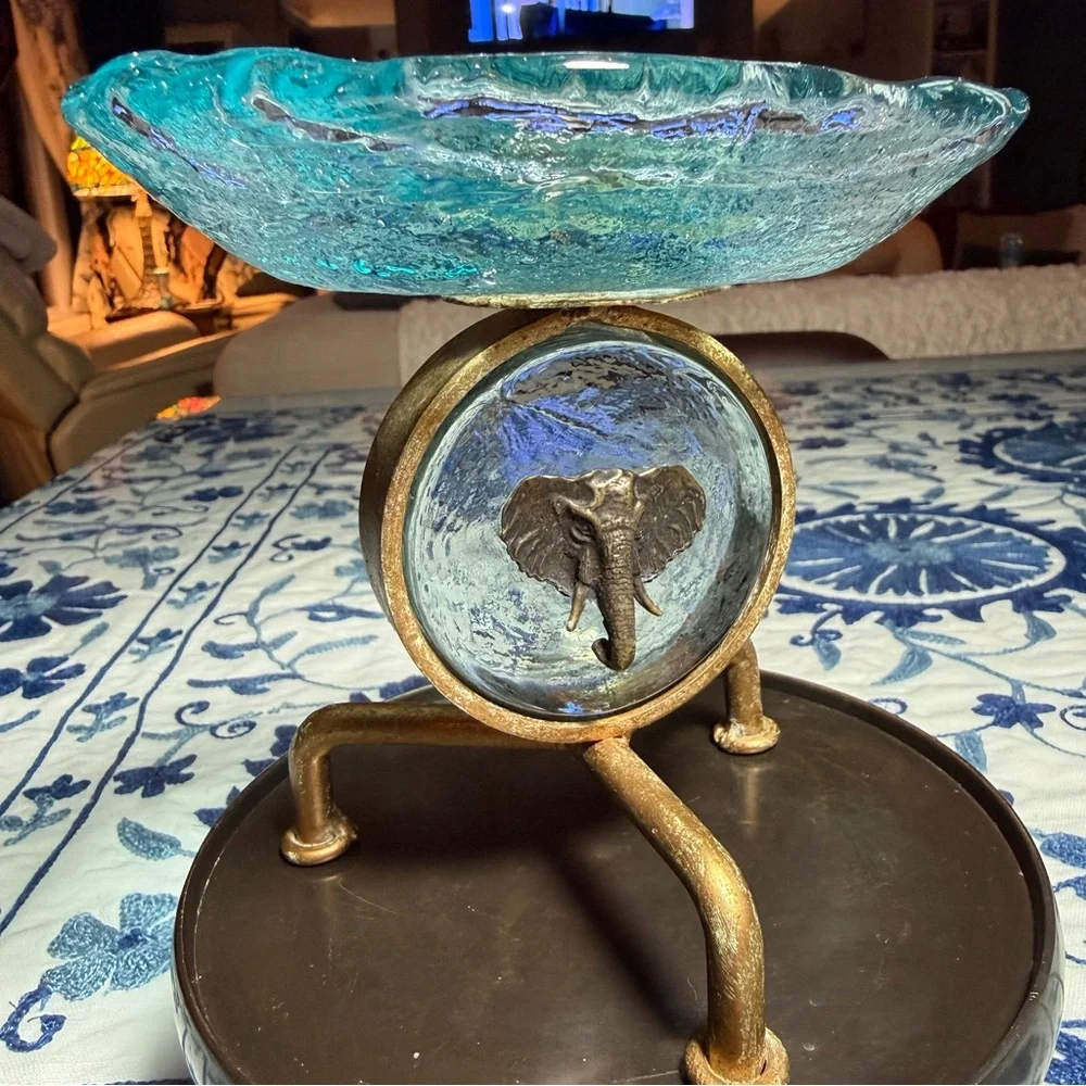 VTG  Art nouveau Brass Ornate Stand with Blue Glass & Elephant MCM Soap Dish EUC